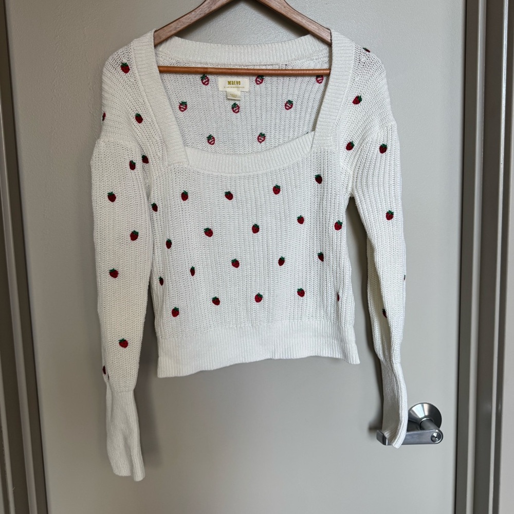 Anthropologie Maeve Embroidered Strawberry Sweater